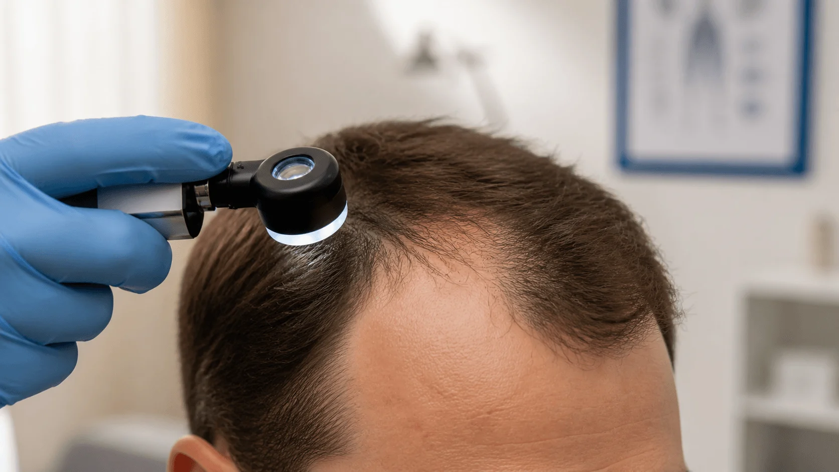 Trichologist examining a patient's scalp under dermoscope magnification