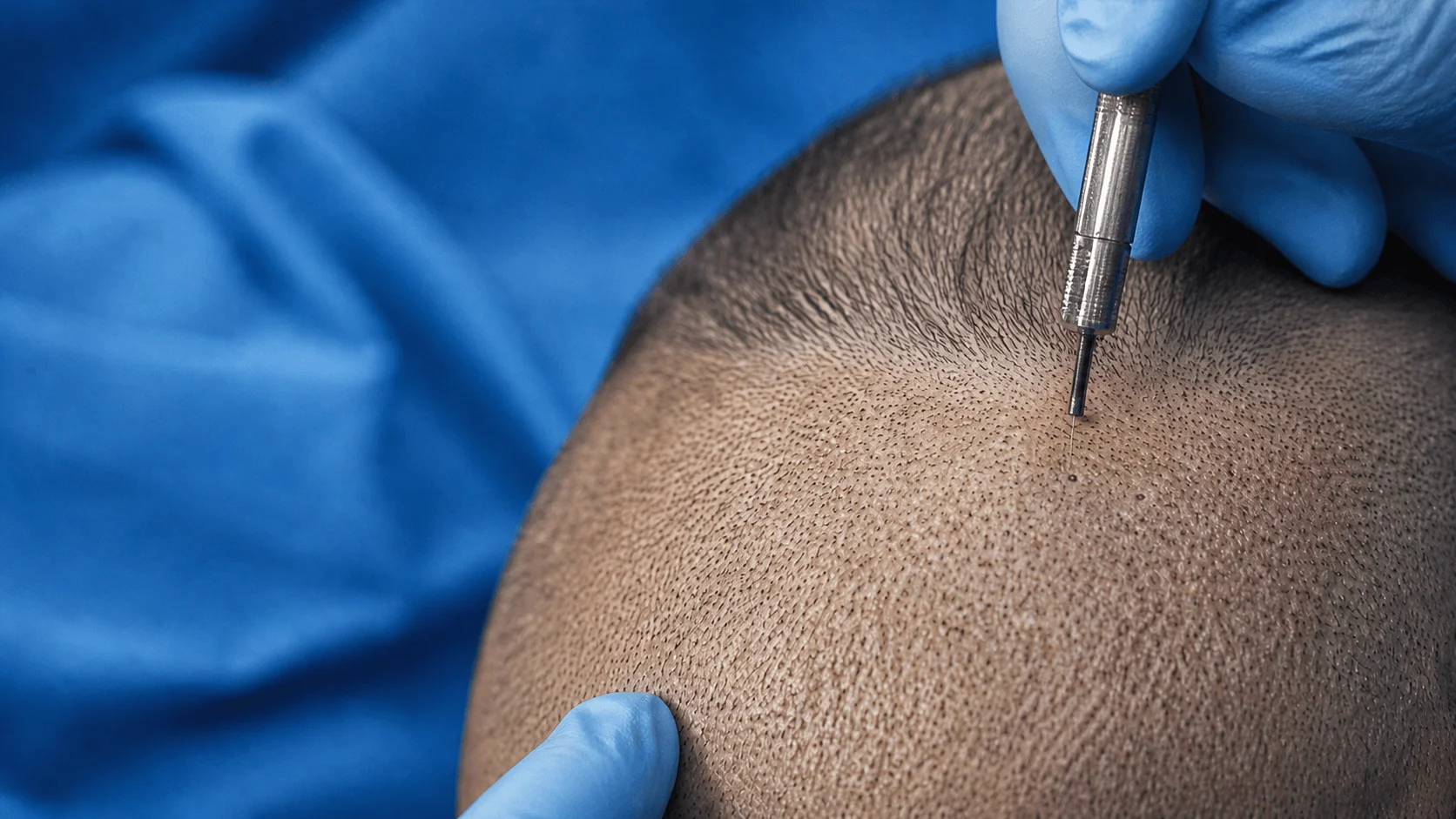 Medical illustration of follicular unit extraction from the donor area at the back of the scalp, showing a 0.8 mm micropunch scoring around individual follicular units