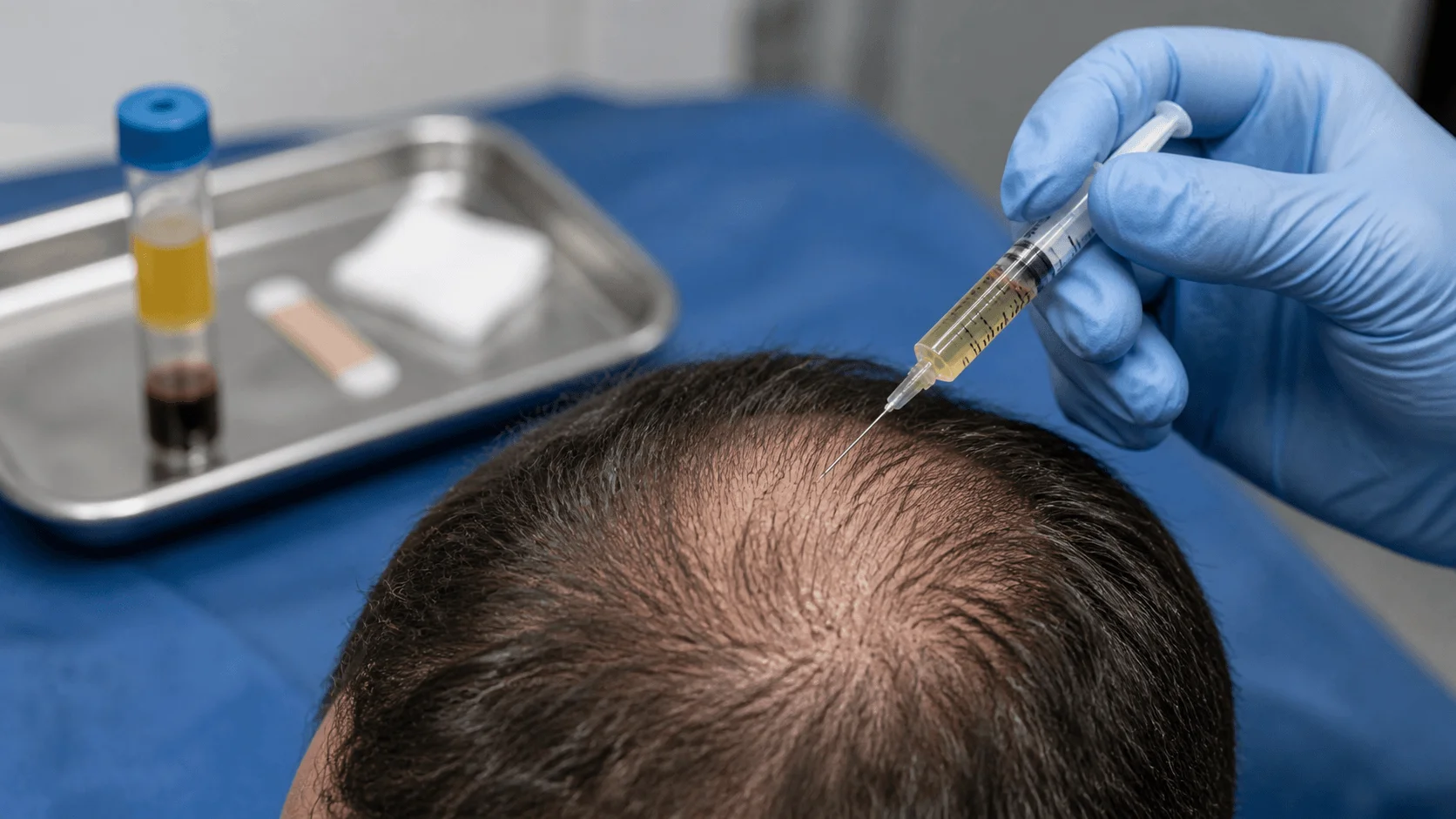 Centrifuge tube of separated platelet-rich plasma being held by a gloved hand